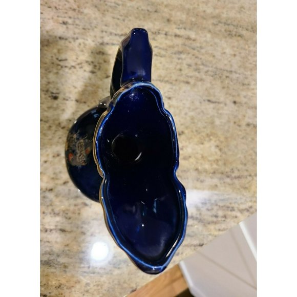 Cobalt Blue Ceramic Gold Trimmed Pitcher Peacock Design 7.5" Tall - Picture 9 of 12